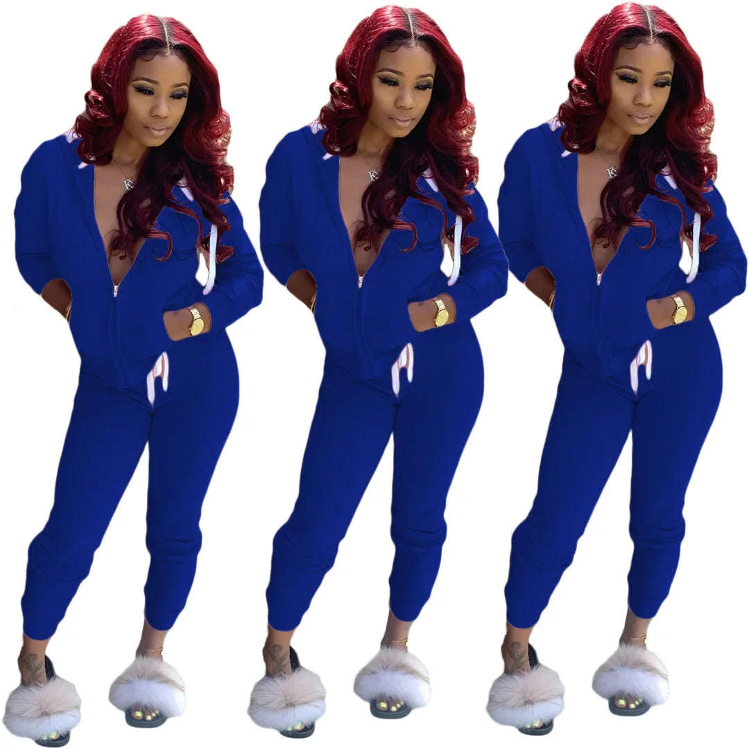 2023 Fashion Trend Women's Solid Color Plus Fleece Sports Color Sweater Suit Two-piece Suit