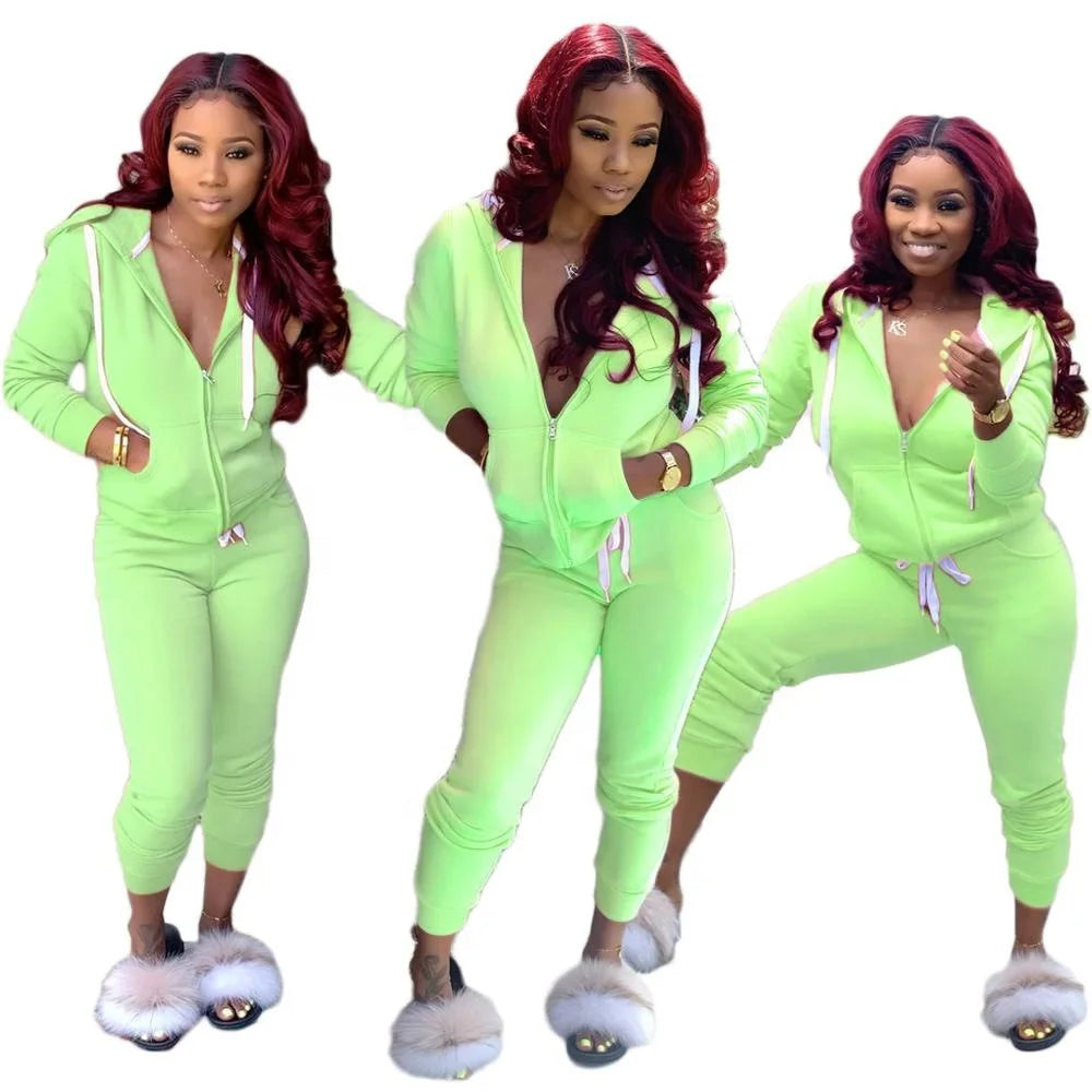2023 Fashion Trend Women's Solid Color Plus Fleece Sports Color Sweater Suit Two-piece Suit