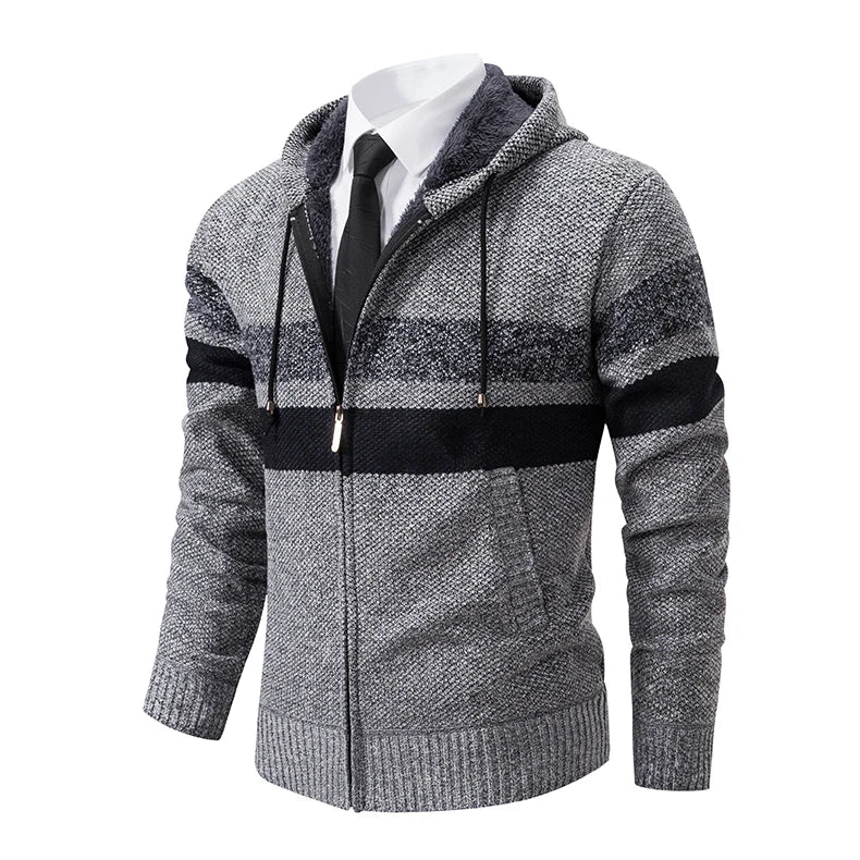 2023 New Autumn and Winter Striped Hooded Sweater Men's Coat with Velvet Padded Warm Knit Cardigan