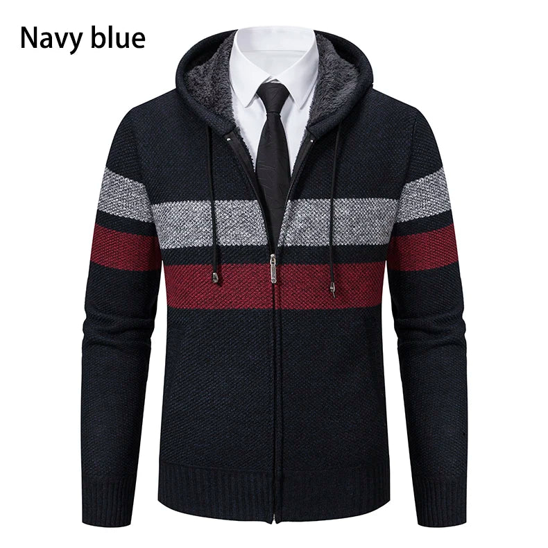 2023 New Autumn and Winter Striped Hooded Sweater Men's Coat with Velvet Padded Warm Knit Cardigan