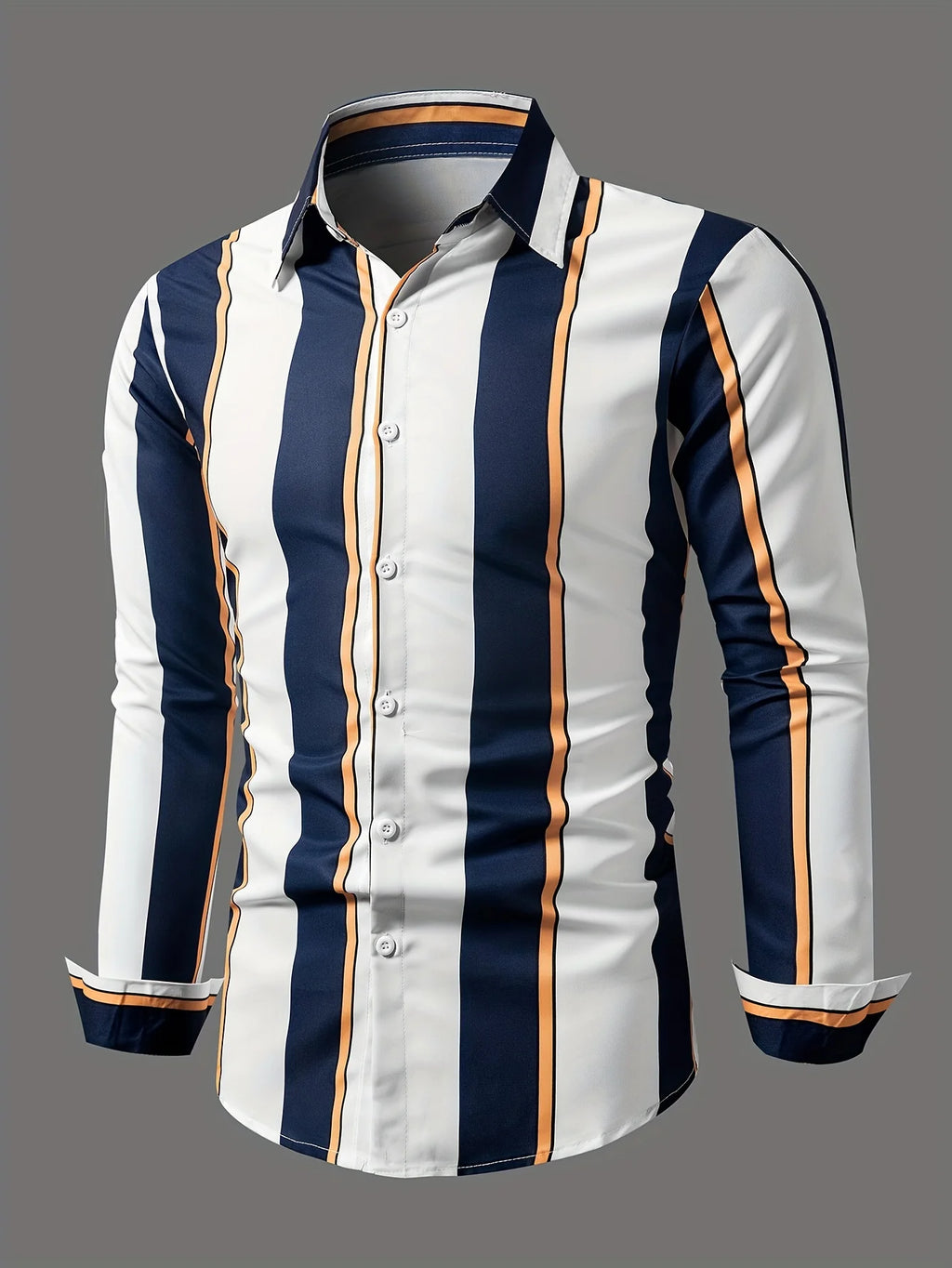 Men'S Casual Regular Fit Striped Long Sleeve Solid Color Polyester Button Lapel Shirt, Woven,Non-Stretch Fabric