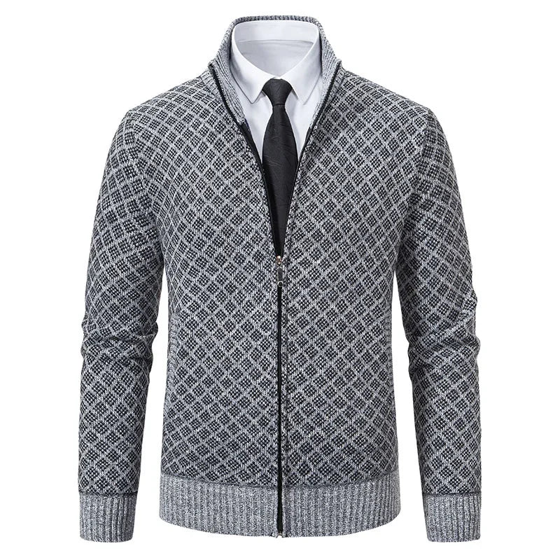 2025 Men's Casual High Collar Long Sleeve Knitted Top with Velvet Warmth for Autumn and Winter Fashion Multi Functional Jacket