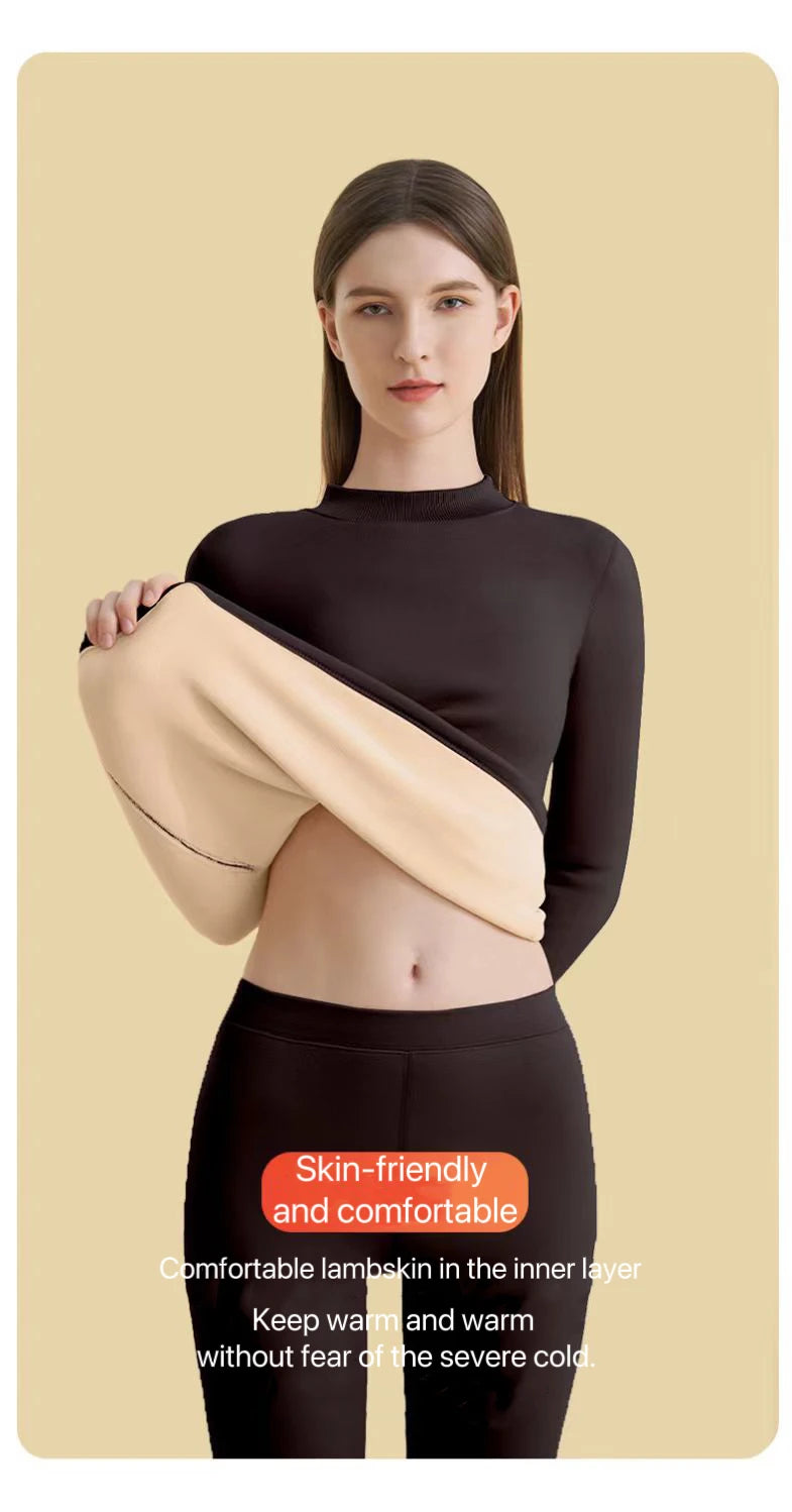 1Set Ultra Thick Thermal Underwear Women Stand Collar Seamless Warm Lingerie Winter Long Sleeve Bottoming Thermal Clothing Sets