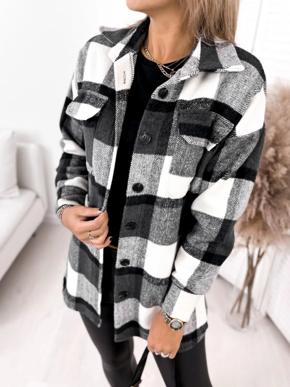 Women's Flannel Plaid Shirt Casual Lapel Button down Long Winter Jacket Shacket