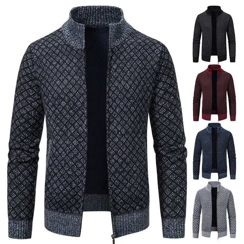 2025 Men's Casual High Collar Long Sleeve Knitted Top with Velvet Warmth for Autumn and Winter Fashion Multi Functional Jacket