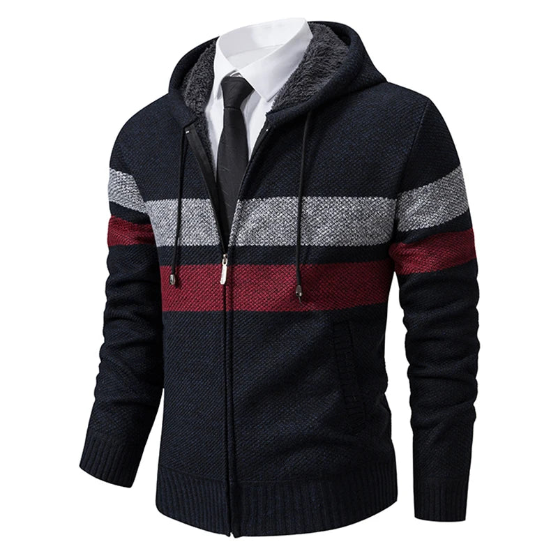 2023 New Autumn and Winter Striped Hooded Sweater Men's Coat with Velvet Padded Warm Knit Cardigan