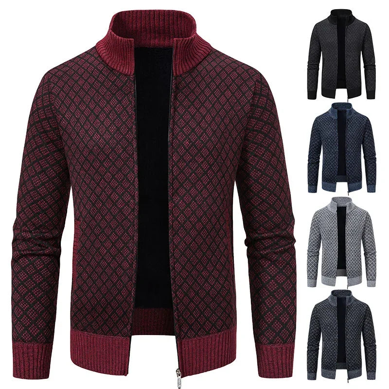 2025 Men's Casual High Collar Long Sleeve Knitted Top with Velvet Warmth for Autumn and Winter Fashion Multi Functional Jacket