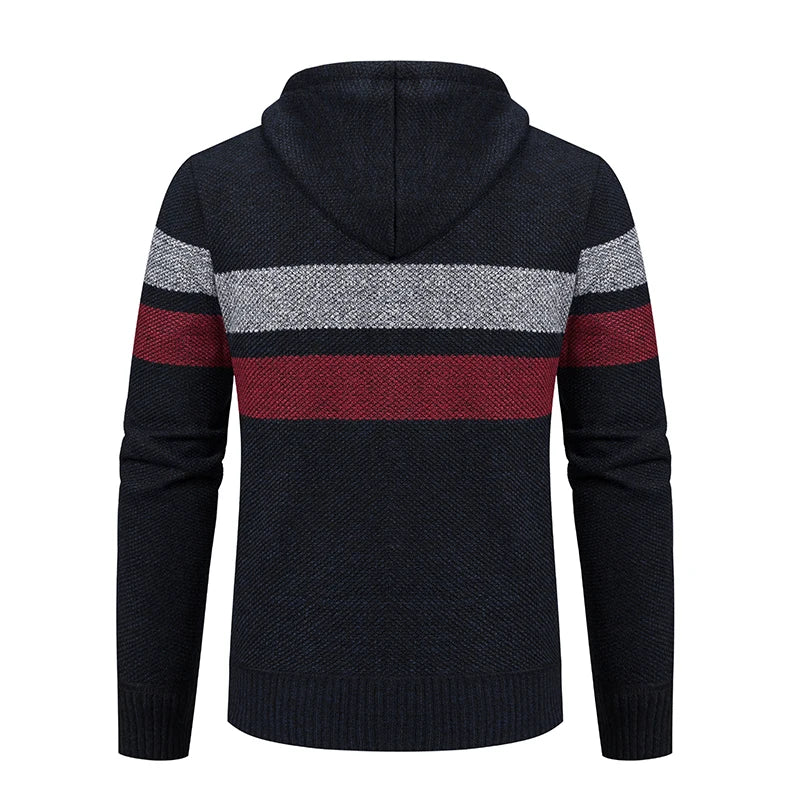 2023 New Autumn and Winter Striped Hooded Sweater Men's Coat with Velvet Padded Warm Knit Cardigan