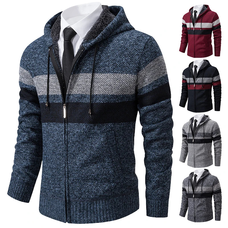 2023 New Autumn and Winter Striped Hooded Sweater Men's Coat with Velvet Padded Warm Knit Cardigan