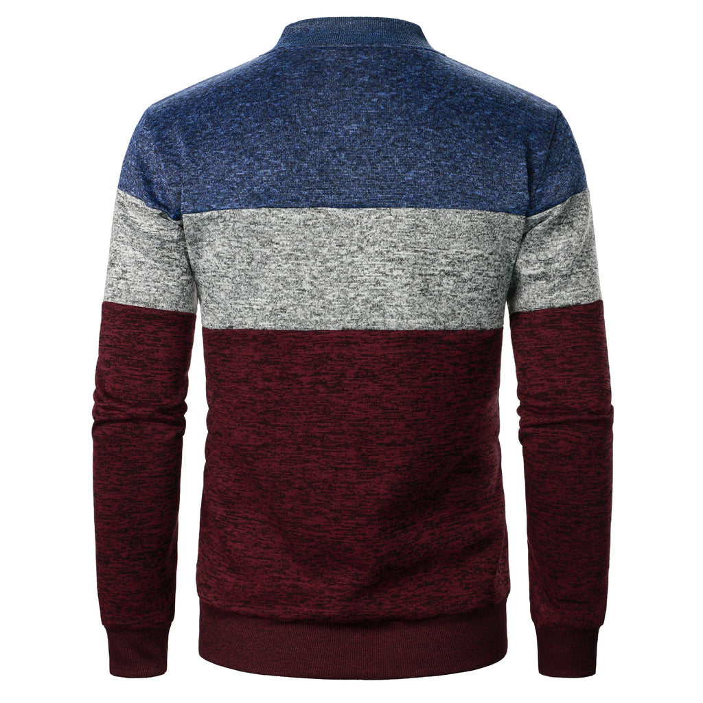 Autumn/winter men's stand-up collar striped check zipper knit top with fashion color matching