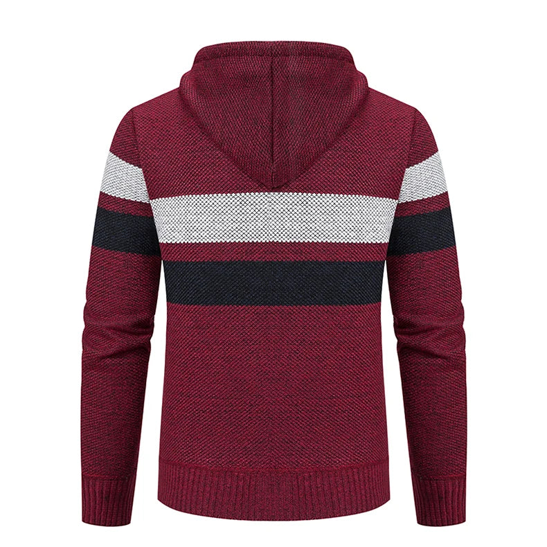 2023 New Autumn and Winter Striped Hooded Sweater Men's Coat with Velvet Padded Warm Knit Cardigan