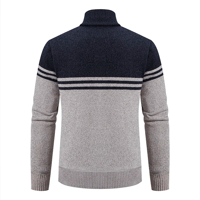 Men's New Winter Sweater Thick Fleece Warm Sweater Casual Stand Collar Zipper Cardigan Fashion Striped Coat