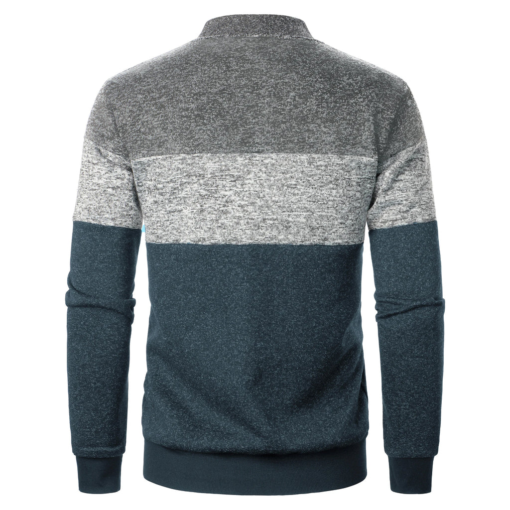 Autumn/winter men's stand-up collar striped check zipper knit top with fashion color matching