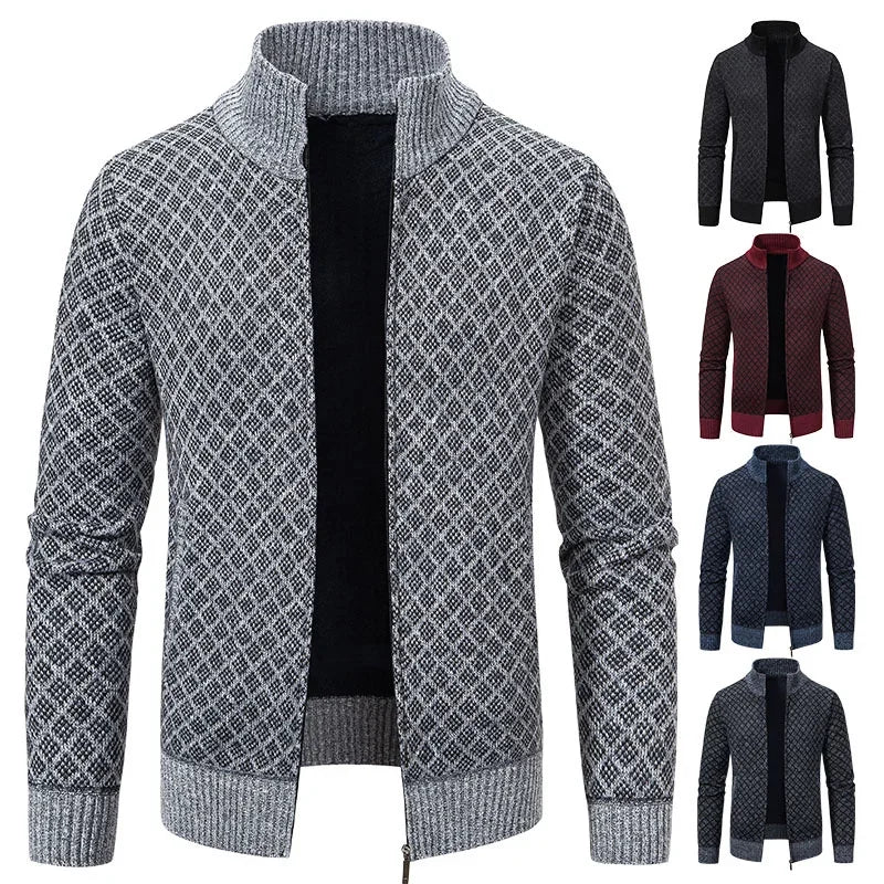 2025 Men's Casual High Collar Long Sleeve Knitted Top with Velvet Warmth for Autumn and Winter Fashion Multi Functional Jacket
