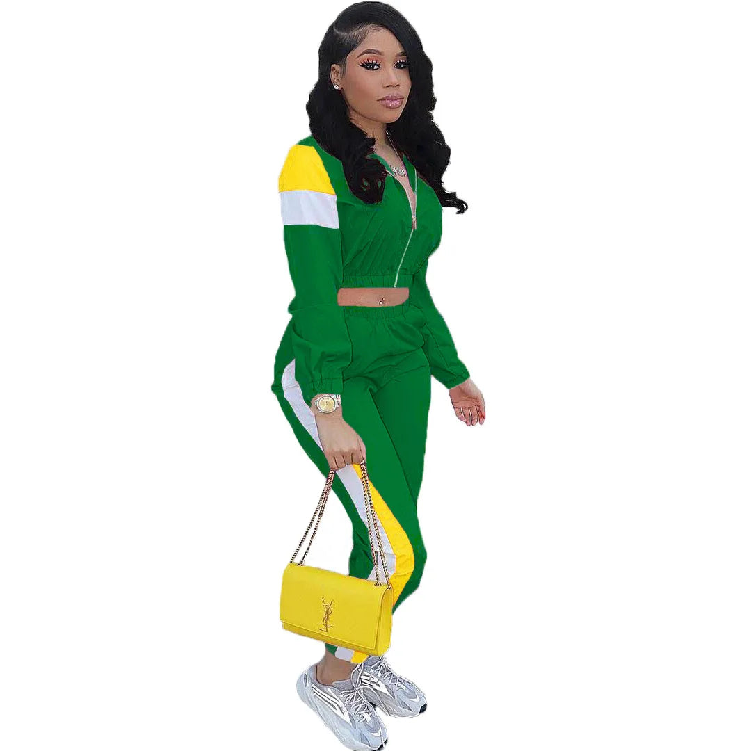 2019 Women Colorful Patchwork Zipper Up Jackets Pencil Pants Suits Sporty Two Piece Tracksuit Outfit Casual