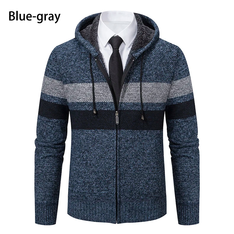 2023 New Autumn and Winter Striped Hooded Sweater Men's Coat with Velvet Padded Warm Knit Cardigan