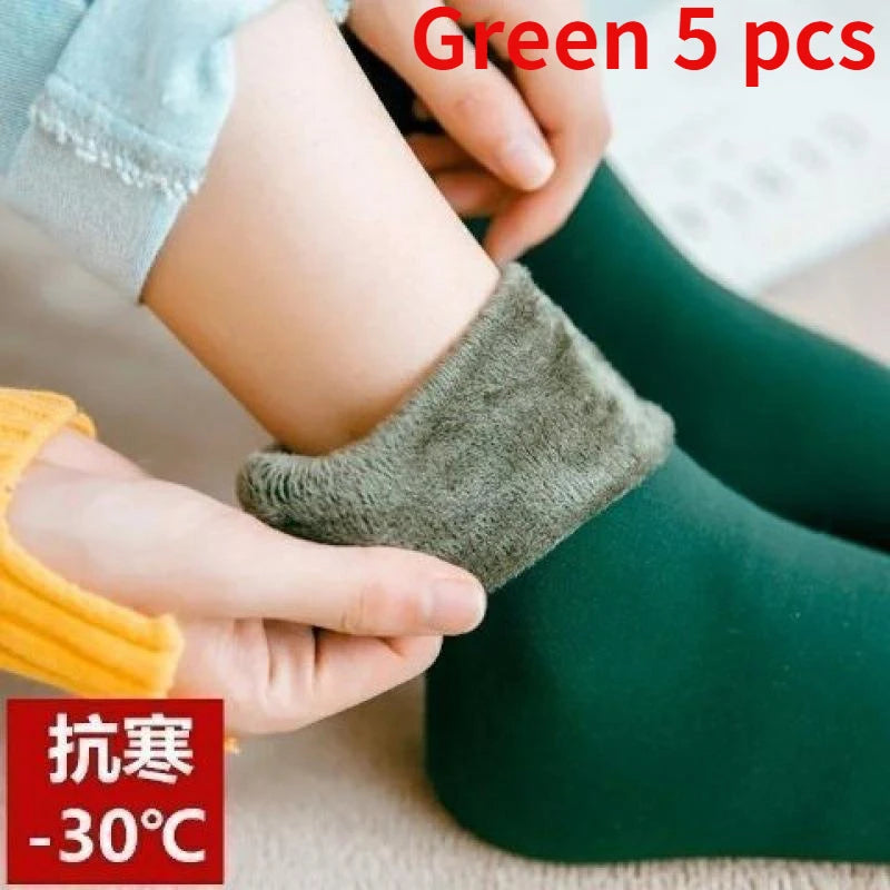 5Pairs/Lot Winter Warm Solid Women Socks Thicken Thermal Socks Wool Cashmere Black Skin Seamless Snow Sock Velvet Unisex Socks
