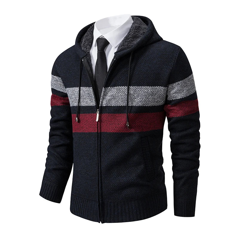 2023 New Autumn and Winter Striped Hooded Sweater Men's Coat with Velvet Padded Warm Knit Cardigan