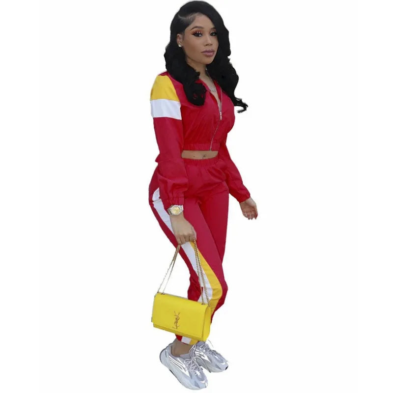 2019 Women Colorful Patchwork Zipper Up Jackets Pencil Pants Suits Sporty Two Piece Tracksuit Outfit Casual