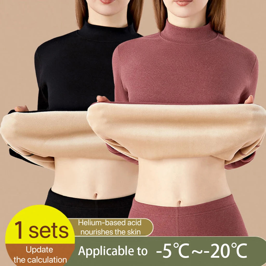 1Set Ultra Thick Thermal Underwear Women Stand Collar Seamless Warm Lingerie Winter Long Sleeve Bottoming Thermal Clothing Sets