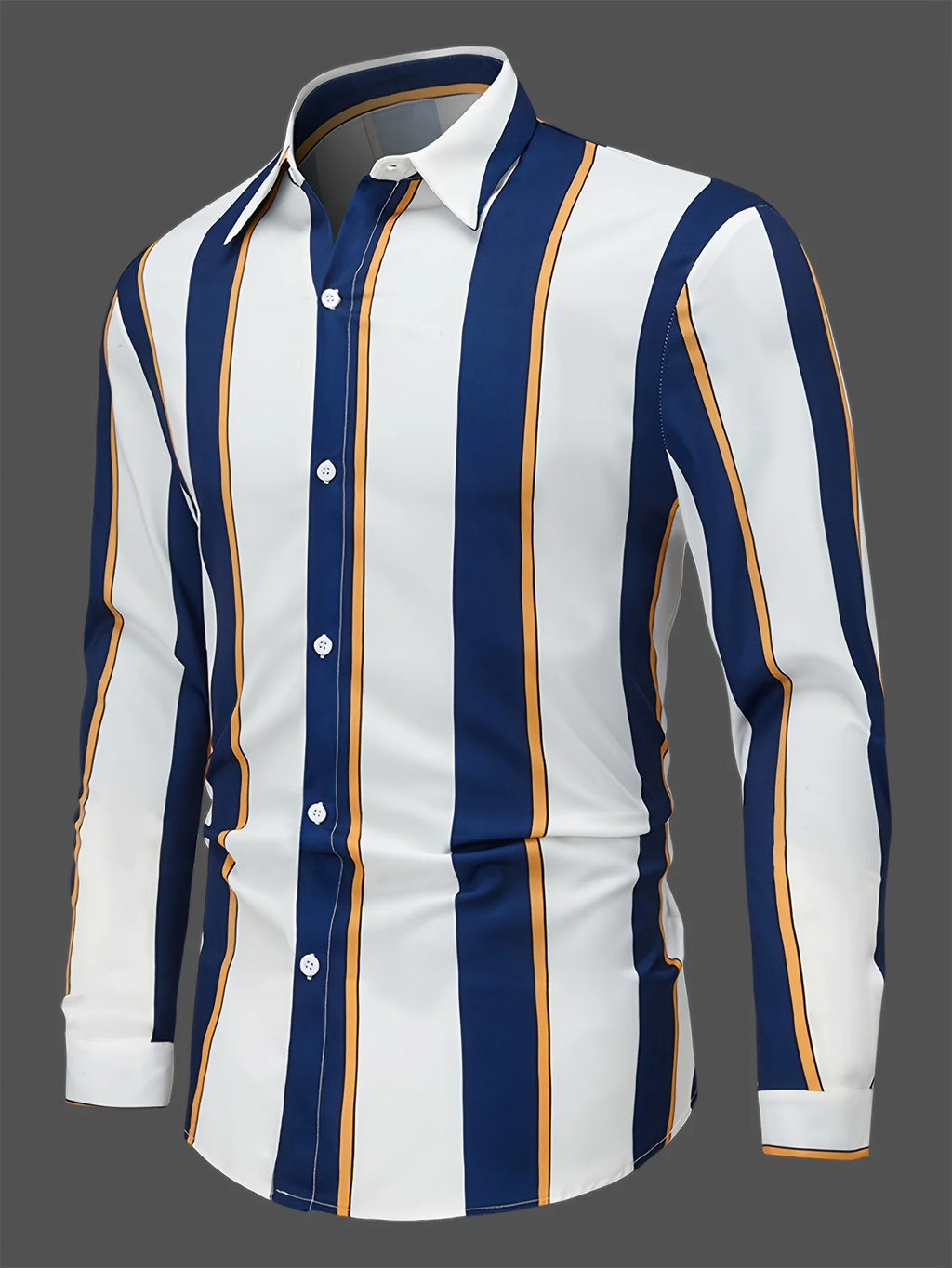 Men'S Casual Regular Fit Striped Long Sleeve Solid Color Polyester Button Lapel Shirt, Woven,Non-Stretch Fabric