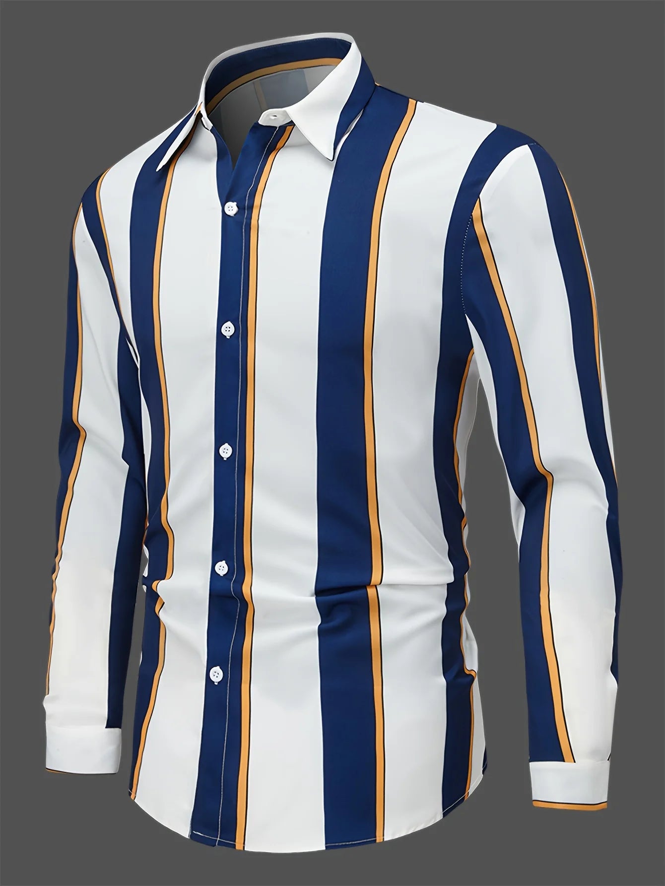 Men'S Casual Regular Fit Striped Long Sleeve Solid Color Polyester Button Lapel Shirt, Woven,Non-Stretch Fabric