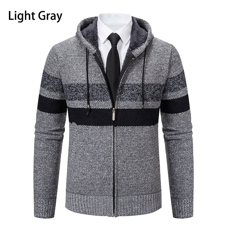2023 New Autumn and Winter Striped Hooded Sweater Men's Coat with Velvet Padded Warm Knit Cardigan