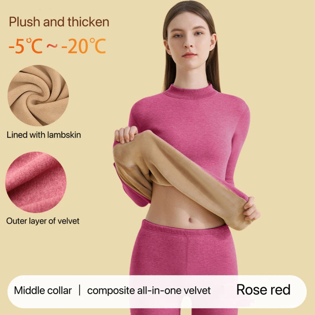 1Set Ultra Thick Thermal Underwear Women Stand Collar Seamless Warm Lingerie Winter Long Sleeve Bottoming Thermal Clothing Sets
