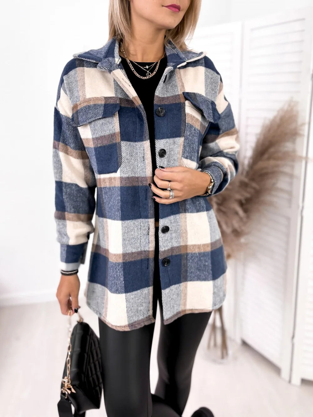 Women's Flannel Plaid Shirt Casual Lapel Button down Long Winter Jacket Shacket