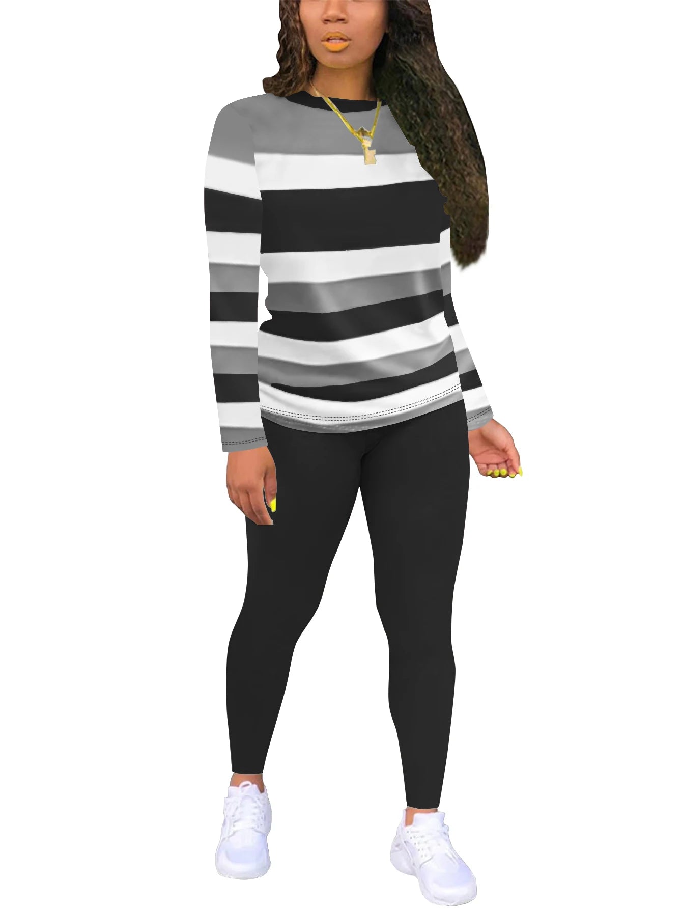 Autumn and winter women's striped round neck long sleeved T-shirt long pants two-piece sports and leisure set