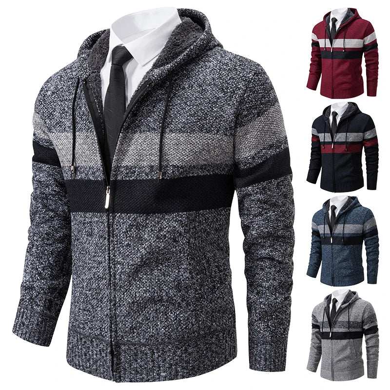 2023 New Autumn and Winter Striped Hooded Sweater Men's Coat with Velvet Padded Warm Knit Cardigan
