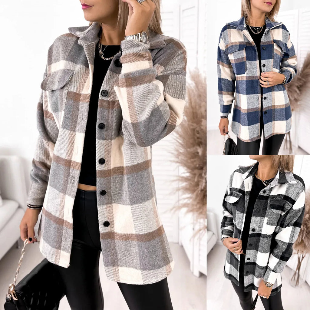 Women's Flannel Plaid Shirt Casual Lapel Button down Long Winter Jacket Shacket