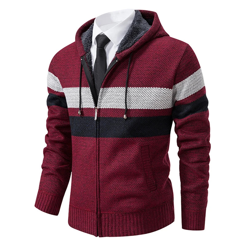 2023 New Autumn and Winter Striped Hooded Sweater Men's Coat with Velvet Padded Warm Knit Cardigan