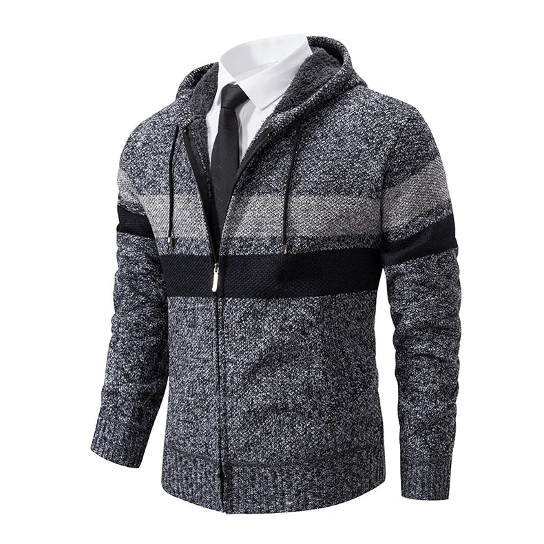 2023 New Autumn and Winter Striped Hooded Sweater Men's Coat with Velvet Padded Warm Knit Cardigan