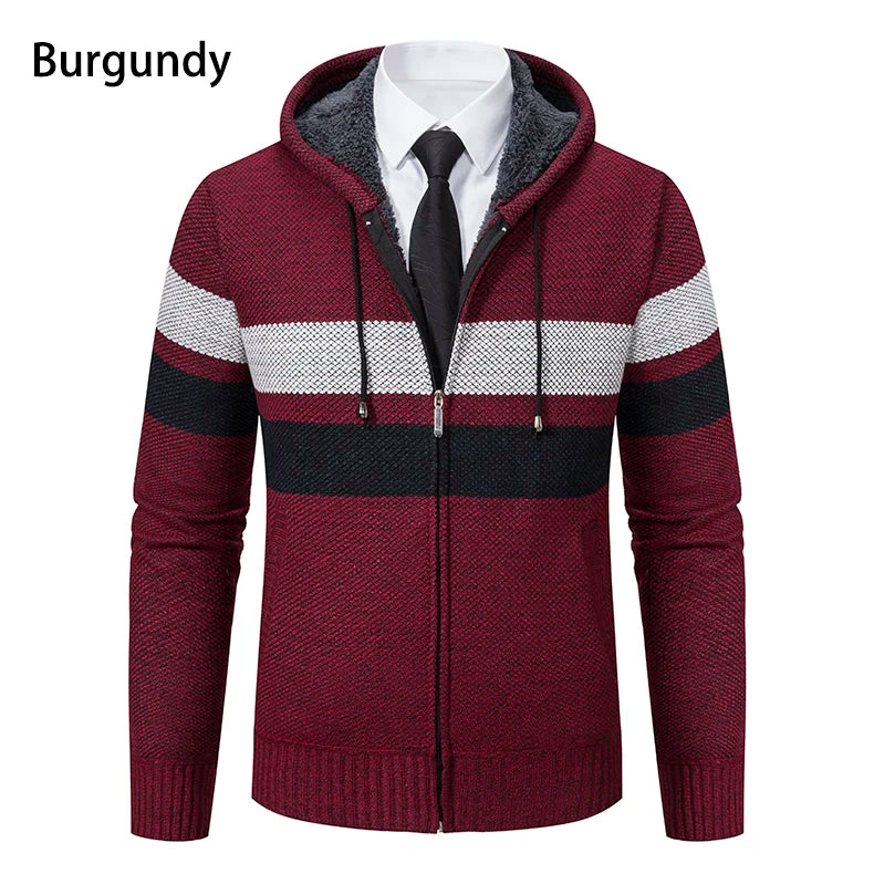 2023 New Autumn and Winter Striped Hooded Sweater Men's Coat with Velvet Padded Warm Knit Cardigan
