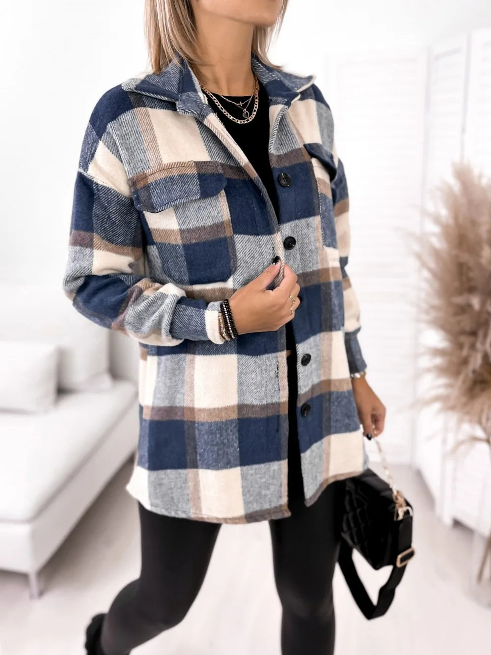Women's Flannel Plaid Shirt Casual Lapel Button down Long Winter Jacket Shacket
