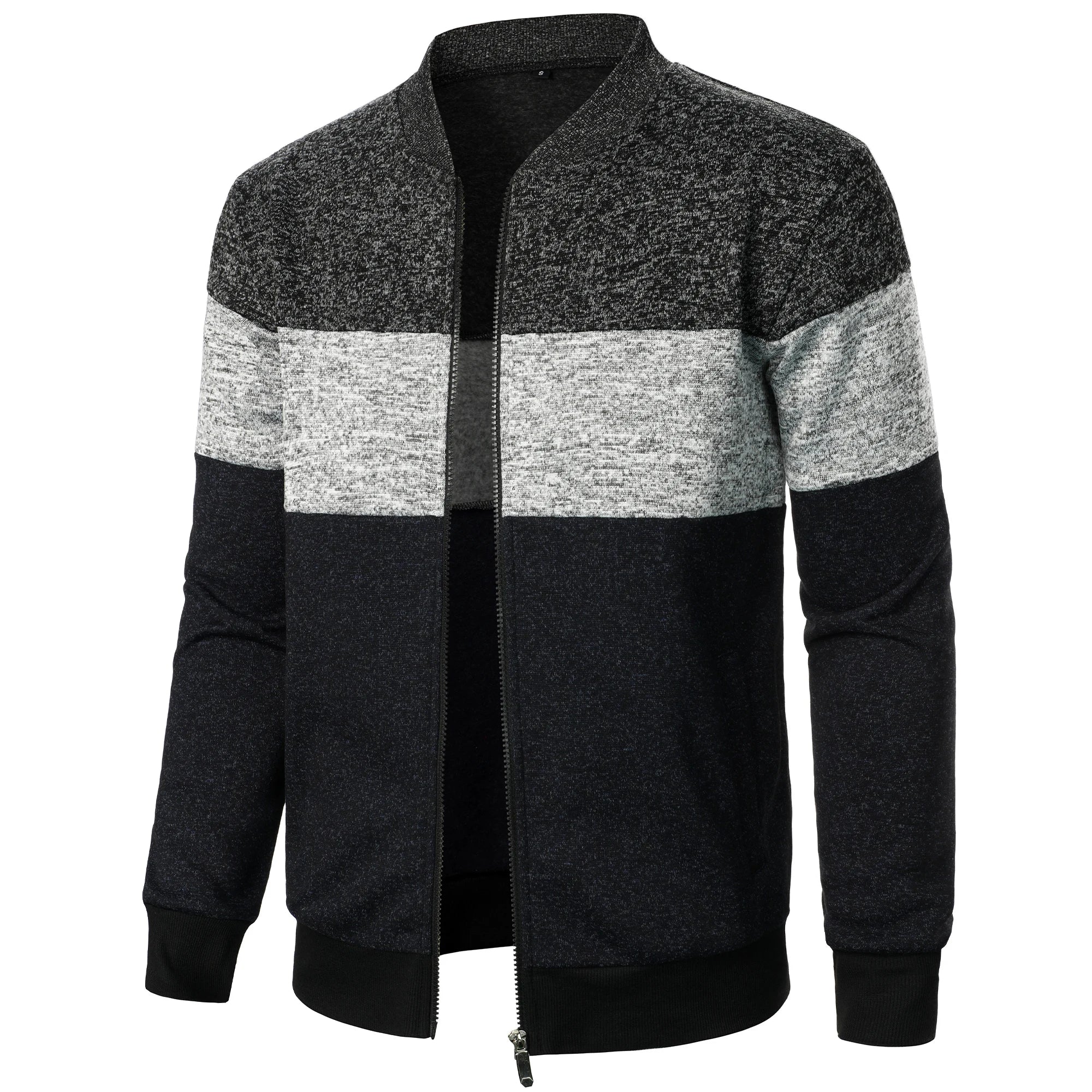 Autumn/winter men's stand-up collar striped check zipper knit top with fashion color matching