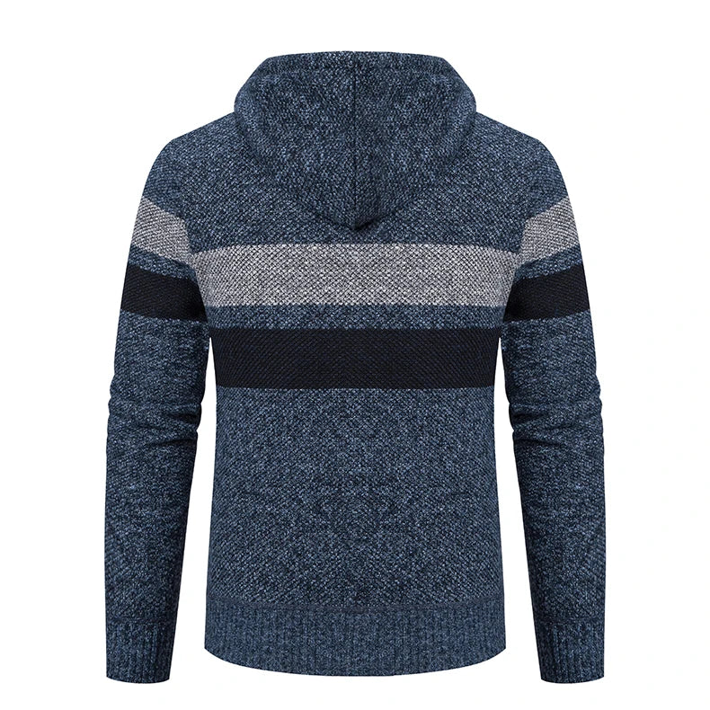 2023 New Autumn and Winter Striped Hooded Sweater Men's Coat with Velvet Padded Warm Knit Cardigan