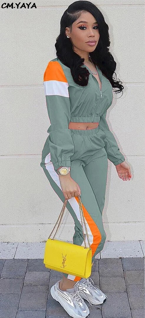 2019 Women Colorful Patchwork Zipper Up Jackets Pencil Pants Suits Sporty Two Piece Tracksuit Outfit Casual