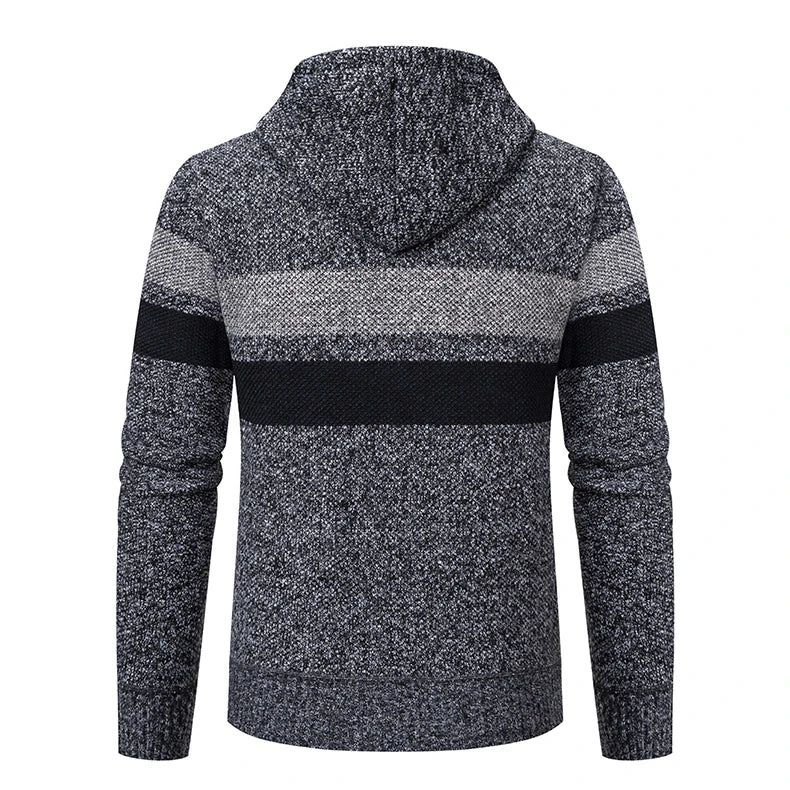 2023 New Autumn and Winter Striped Hooded Sweater Men's Coat with Velvet Padded Warm Knit Cardigan