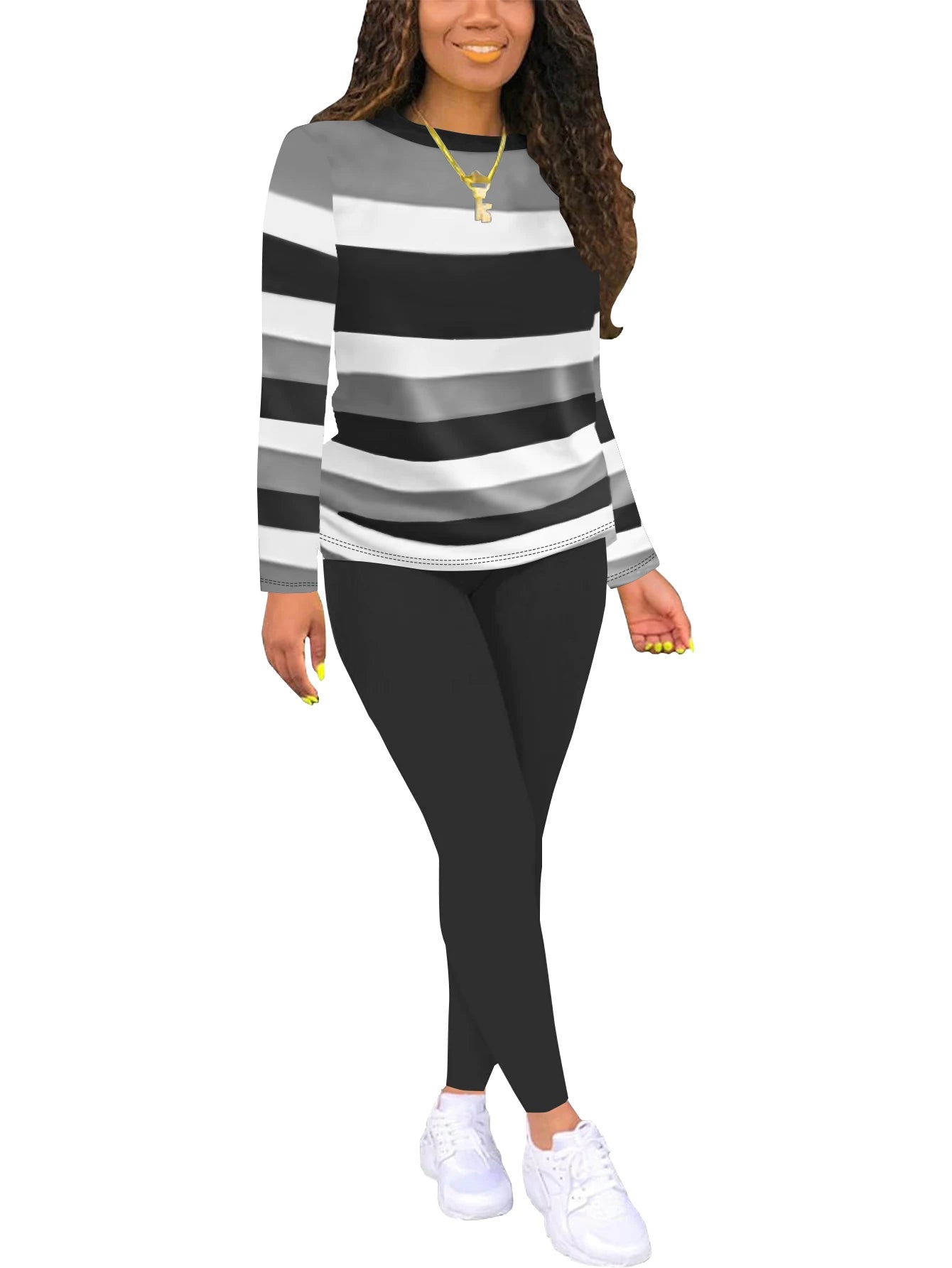 Autumn and winter women's striped round neck long sleeved T-shirt long pants two-piece sports and leisure set