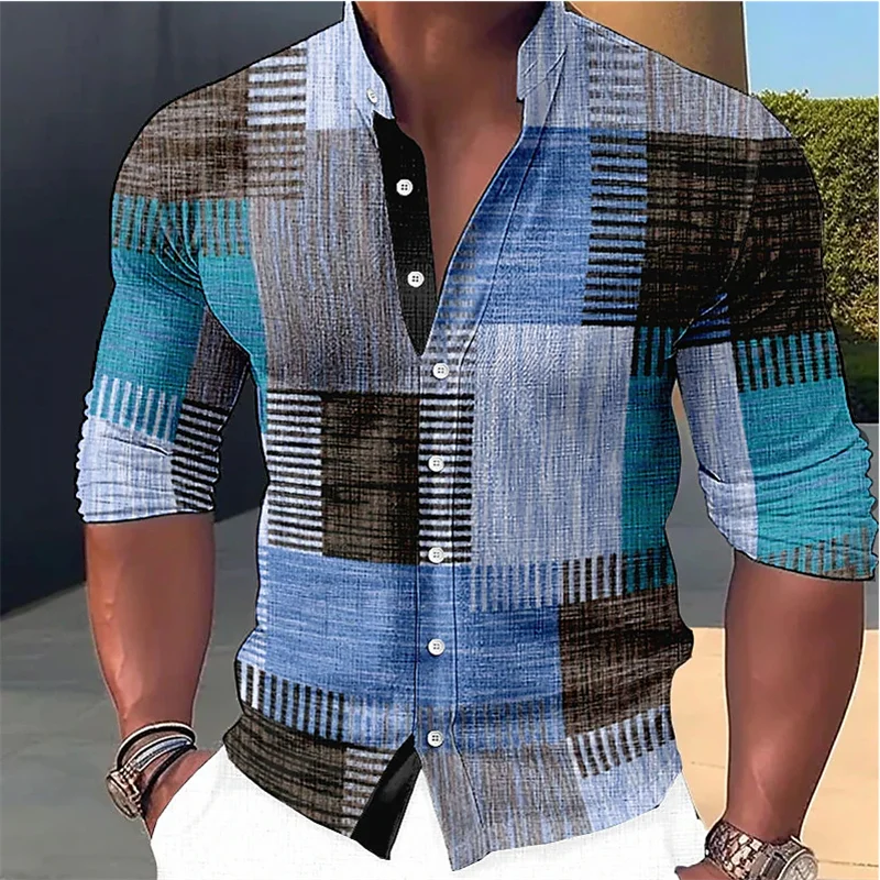Retro Stitching Men's Long Sleeve Shirt Gradient Stand Collar Outdoor Street Button Designer Casual Breathable Men's Clothing