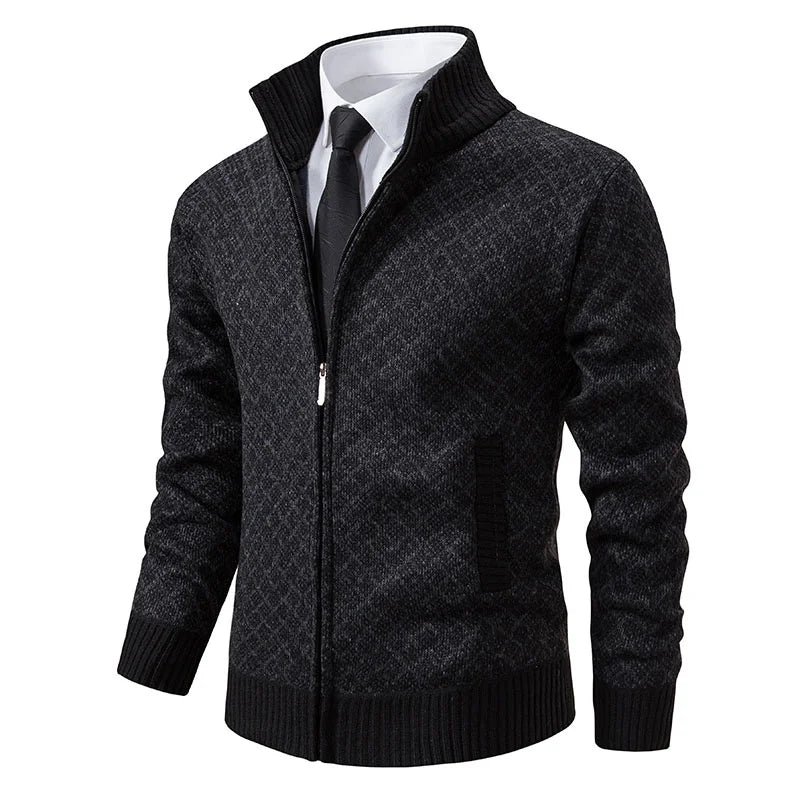 2025 Men's Casual High Collar Long Sleeve Knitted Top with Velvet Warmth for Autumn and Winter Fashion Multi Functional Jacket