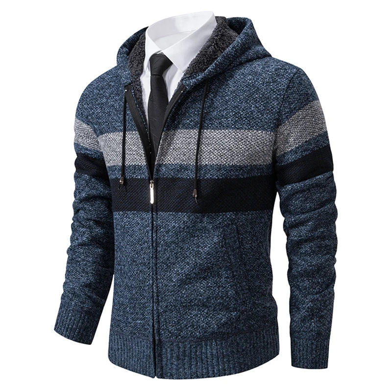 2023 New Autumn and Winter Striped Hooded Sweater Men's Coat with Velvet Padded Warm Knit Cardigan