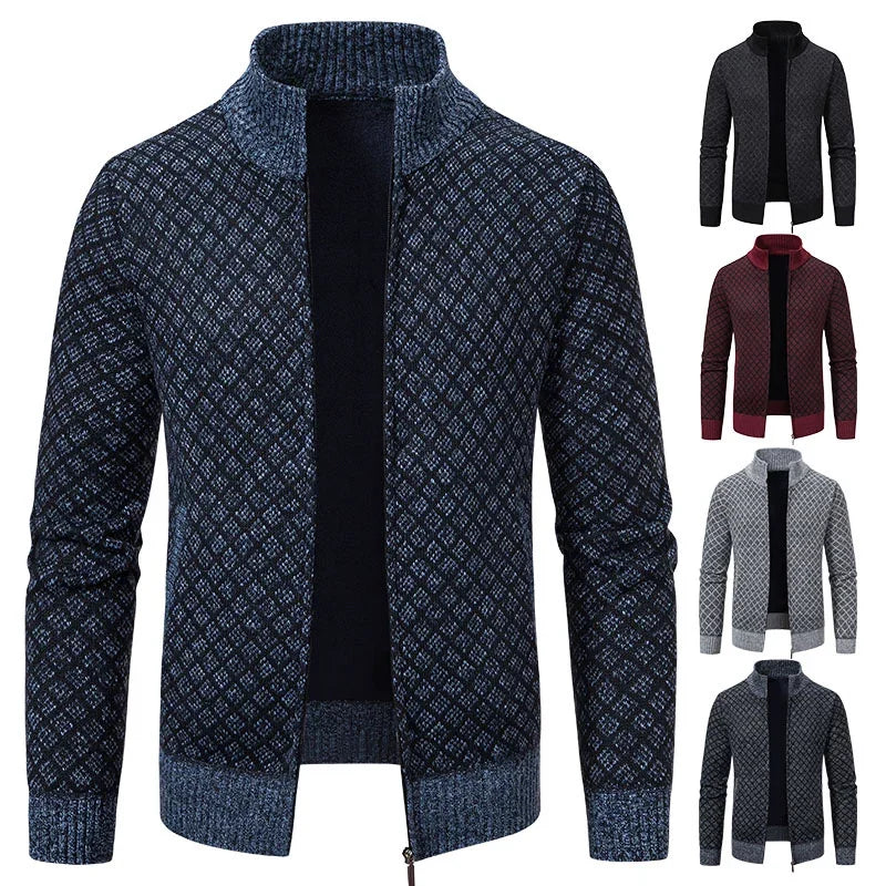 2025 Men's Casual High Collar Long Sleeve Knitted Top with Velvet Warmth for Autumn and Winter Fashion Multi Functional Jacket