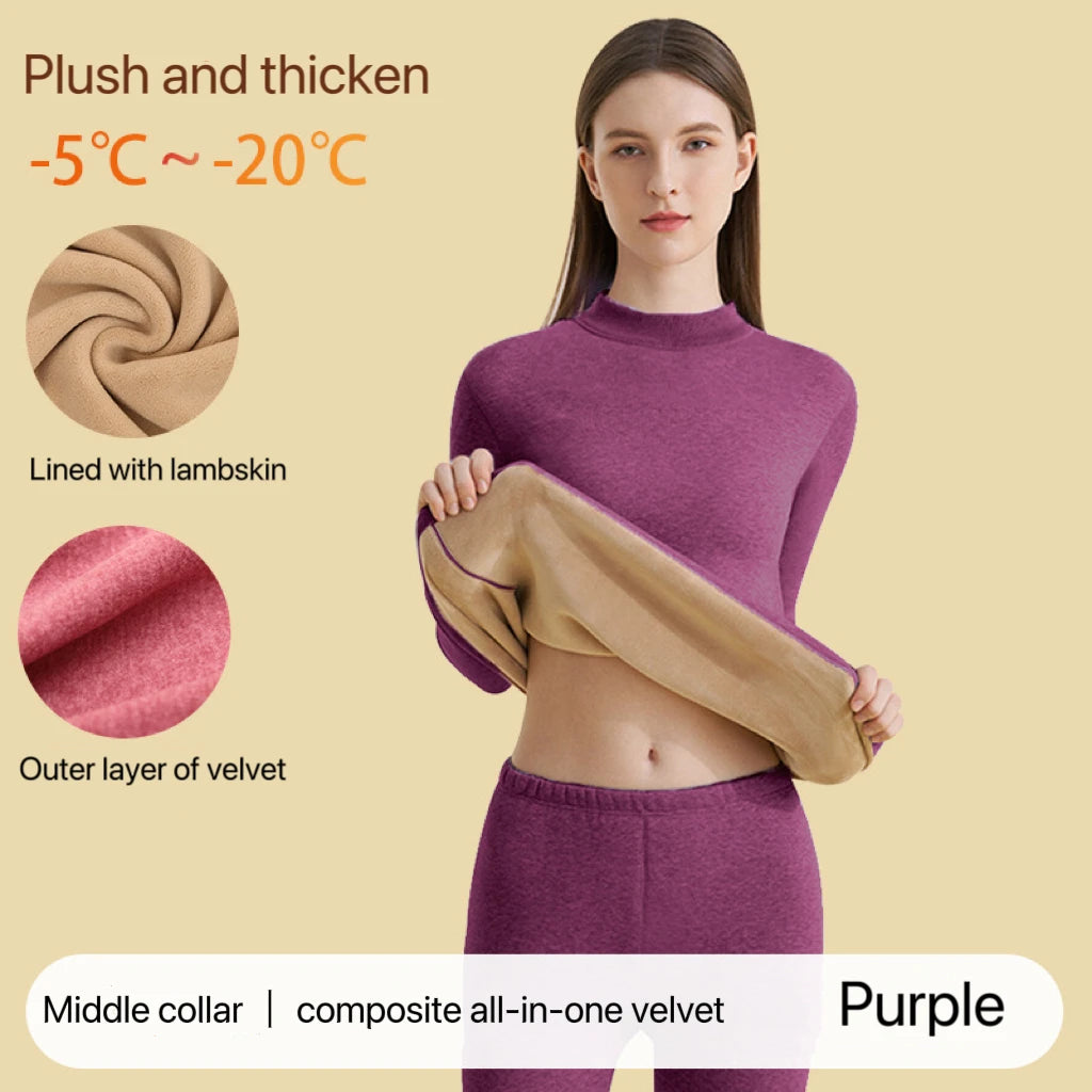 1Set Ultra Thick Thermal Underwear Women Stand Collar Seamless Warm Lingerie Winter Long Sleeve Bottoming Thermal Clothing Sets