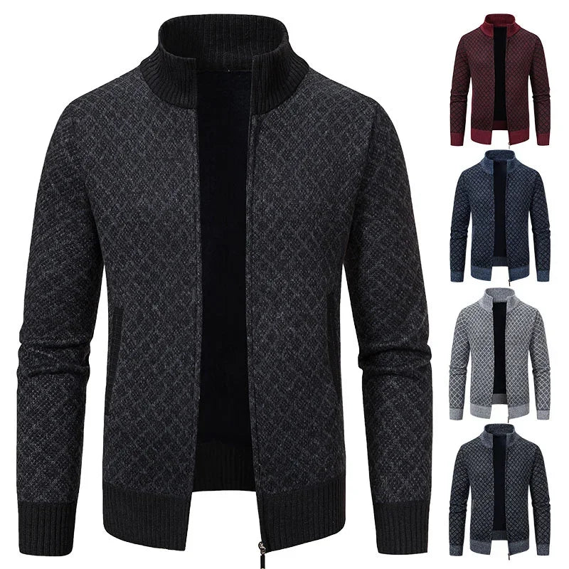 2025 Men's Casual High Collar Long Sleeve Knitted Top with Velvet Warmth for Autumn and Winter Fashion Multi Functional Jacket