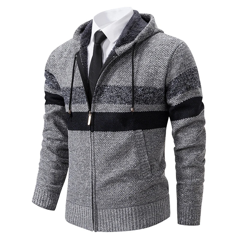 2023 New Autumn and Winter Striped Hooded Sweater Men's Coat with Velvet Padded Warm Knit Cardigan