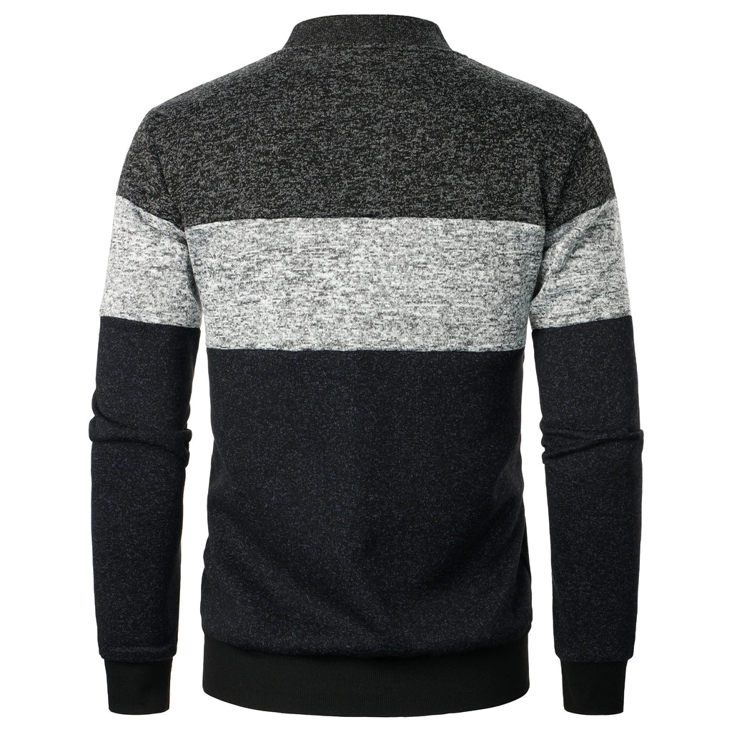 Autumn/winter men's stand-up collar striped check zipper knit top with fashion color matching