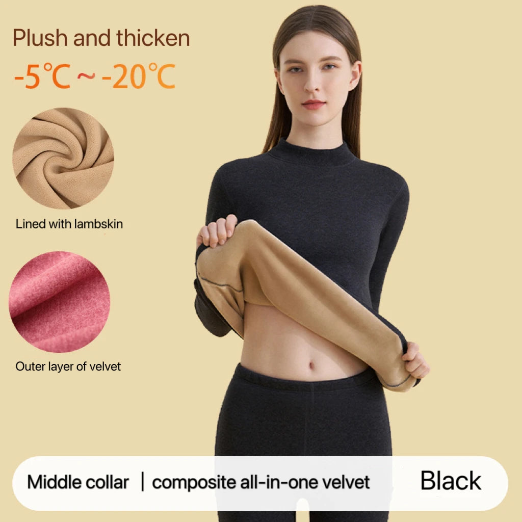 1Set Ultra Thick Thermal Underwear Women Stand Collar Seamless Warm Lingerie Winter Long Sleeve Bottoming Thermal Clothing Sets